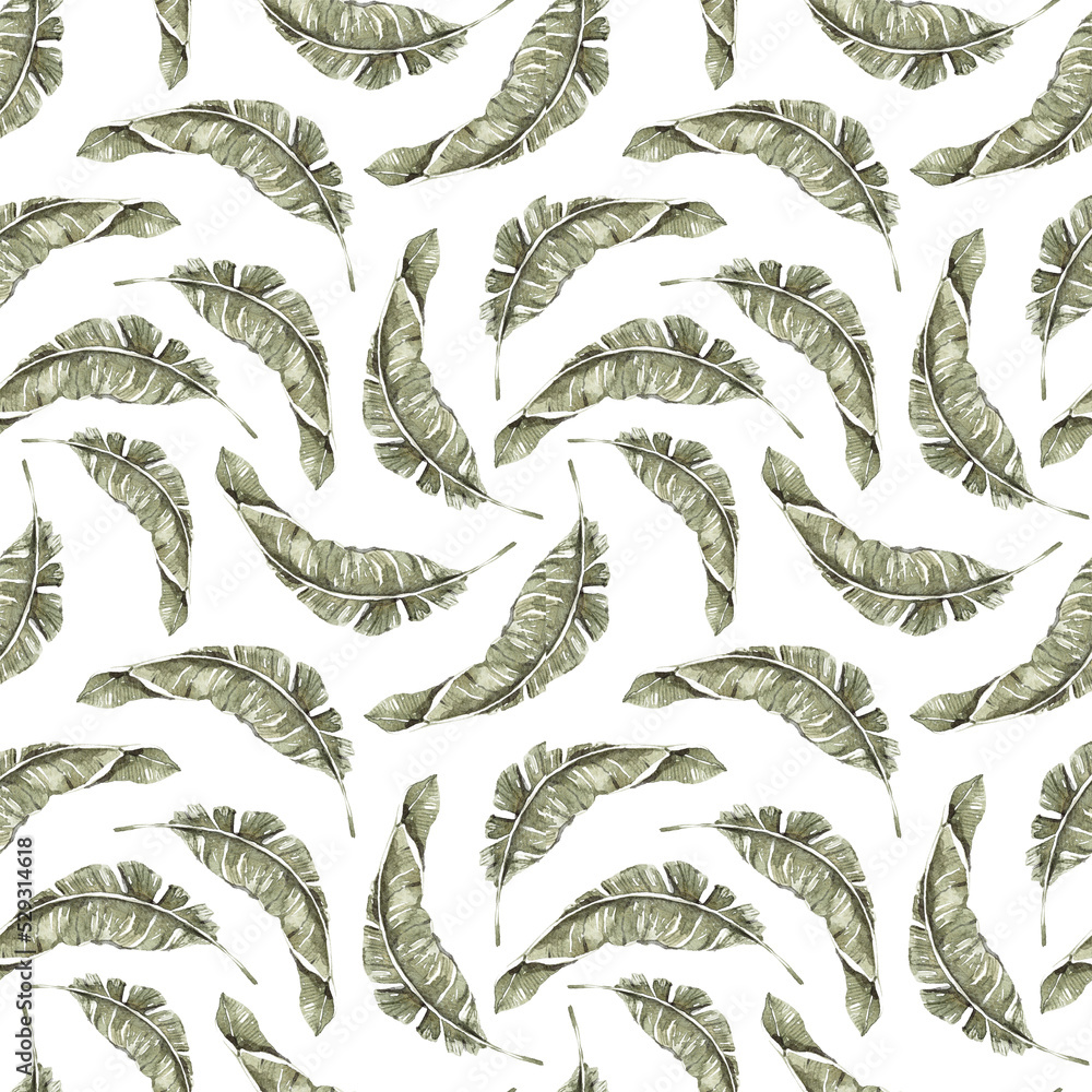 Obraz premium Watercolor modern exotic foliage botanical tropical banana leaves floral seamless pattern isolated on transparent background. Jungle nature illustration. Endless design for fabric, wallpaper, textile