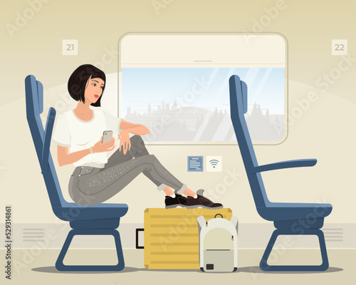 A young girl is riding a train. She sits in a chair and looks out the window. Outside the window is a view of the forest and the city. Vehicle in motion, view from the window, sitting position.
