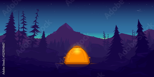 Tourist panoramic landscape. Starry sky, mountains, coniferous forest, rocky terrain. Morning dawn, tourist tent illuminated. Predawn time, night sky and the first ray of sun on the horizon.