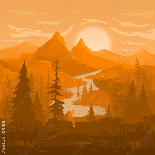 Landscape of wild nature. Sun on the horizon, mountain range, coniferous forest, meandering river, rocky terrain, cliffs, flock of birds, fox. Composition in brown-orange, terracotta tones.