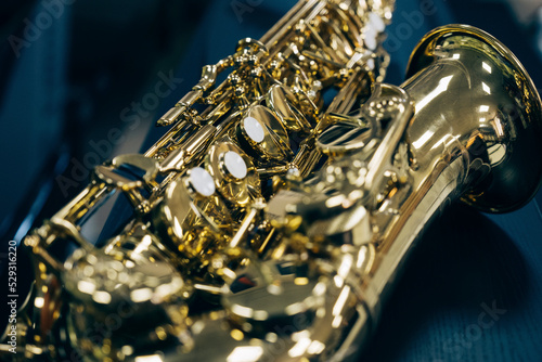 Close-up of saxophone in studio photo