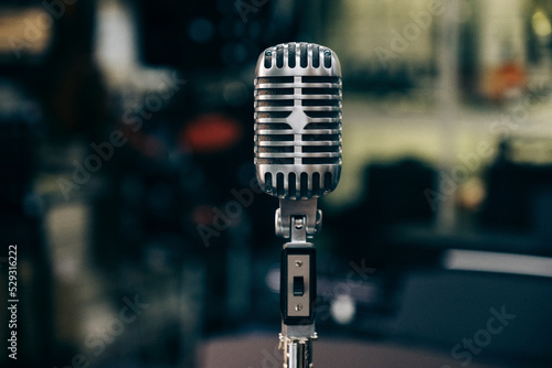 Close-up of microphone on stand in studio