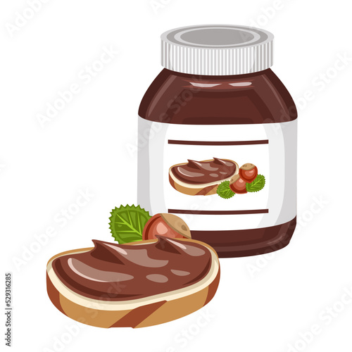 Pot with chocolate butter and piece of bread. Vector