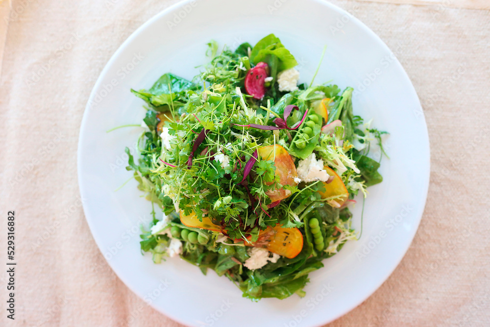 Overhead view of vegetable salad served in plate on table Overhead view of vegetable salad served in plate on table