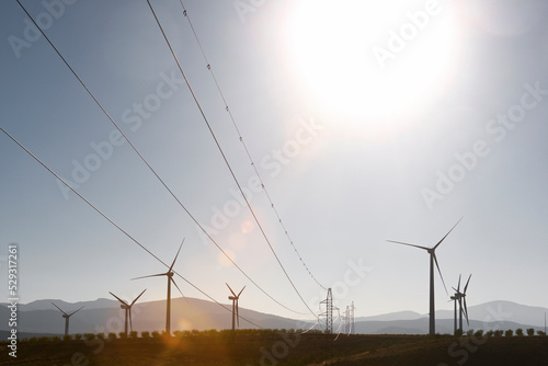 Windmills and electricity pylons on field against clear sky during sunny day photo