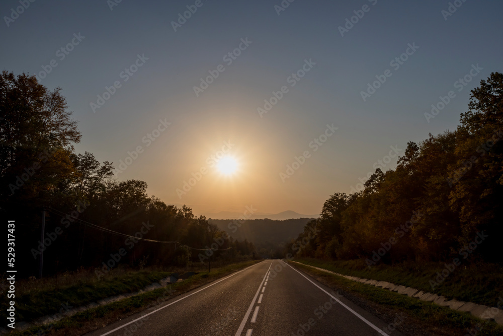Diminishing perspective of empty road amidst trees against clear sky during sunset Diminishing perspective of empty road amidst trees against clear sky during sunset