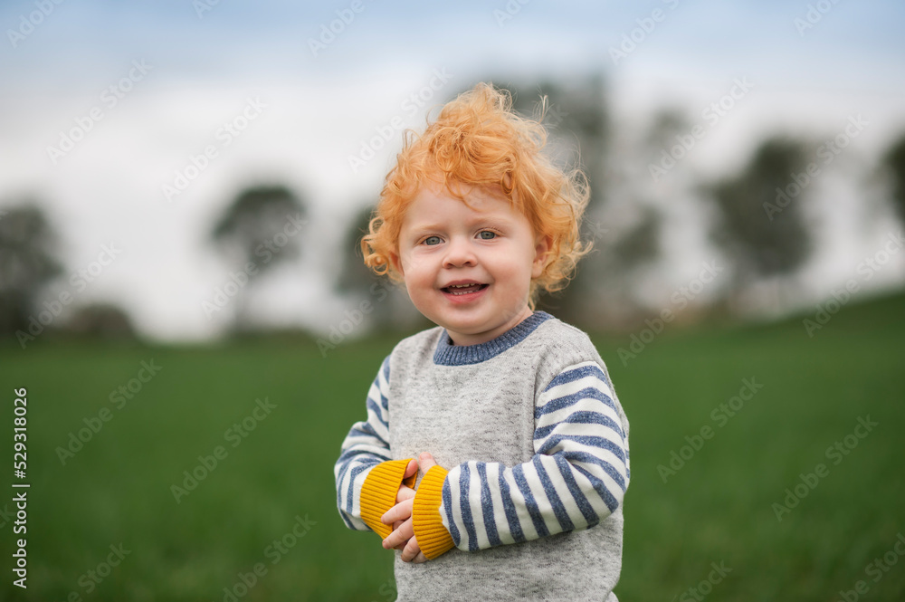 Portrait of a cute toddler boy with curly red hair and happy expression Portrait of a cute toddler boy with curly red hair and happy expression