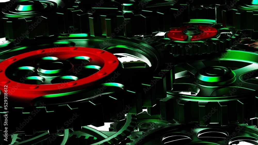 Fototapeta premium Mechanism green metallic gears and cogs at work under white spot lighting background. Industrial machinery. 3D illustration. 3D high quality rendering. 3D CG.