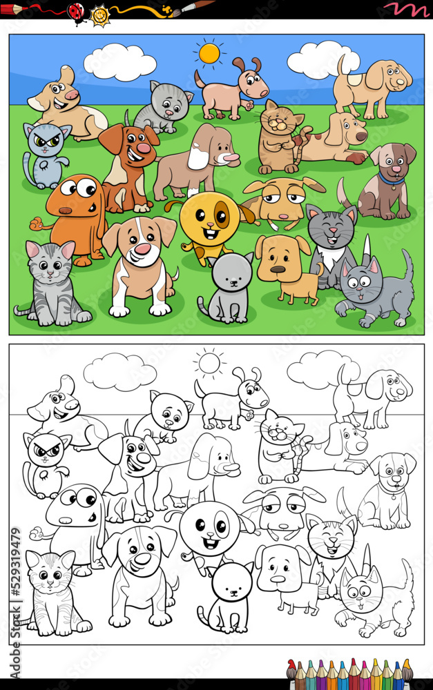 cartoon puppies and kittens group coloring page