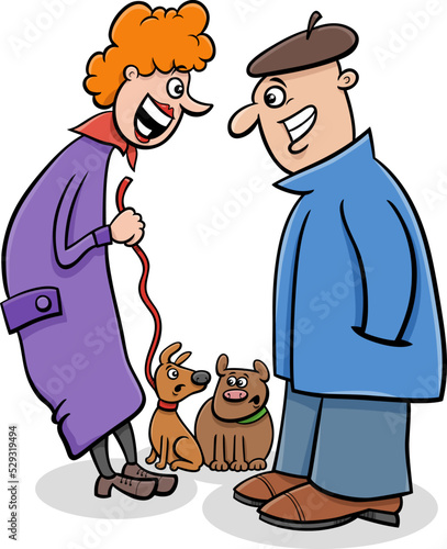 two cartoon dog owners chatting on a walk