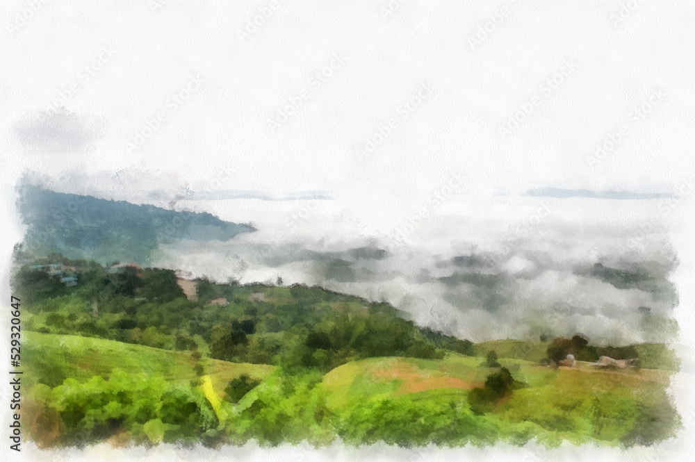Obraz premium Mountain forest landscape and camping watercolor style illustration impressionist painting.
