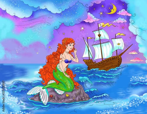 beautiful mermaid looking at the ship in the night sea colorful fairy tale illustration photo