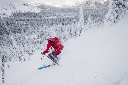 A woman backcountry skier skis powder in the Rattlesnake Mountains. photo