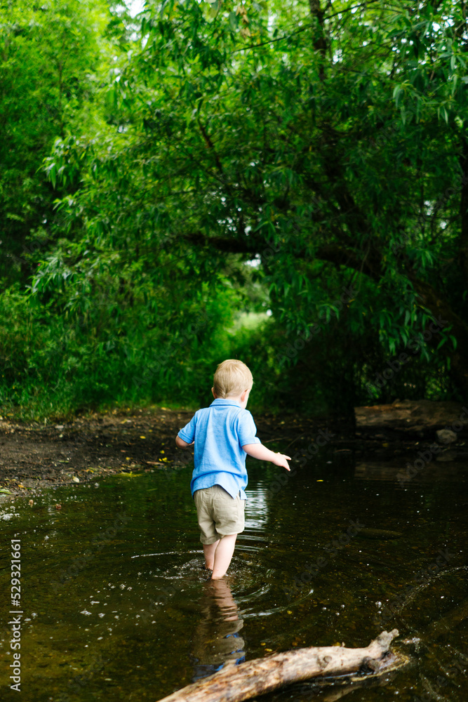 Rear view of a young boy playing on the edge of a lake Rear view of a young boy playing on the edge of a lake