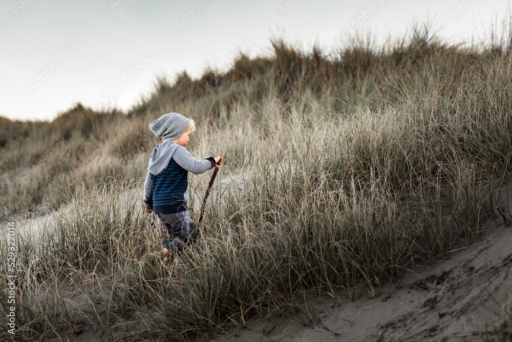 Boy carrying stick walking up a sand dune Boy carrying stick walking up a sand dune