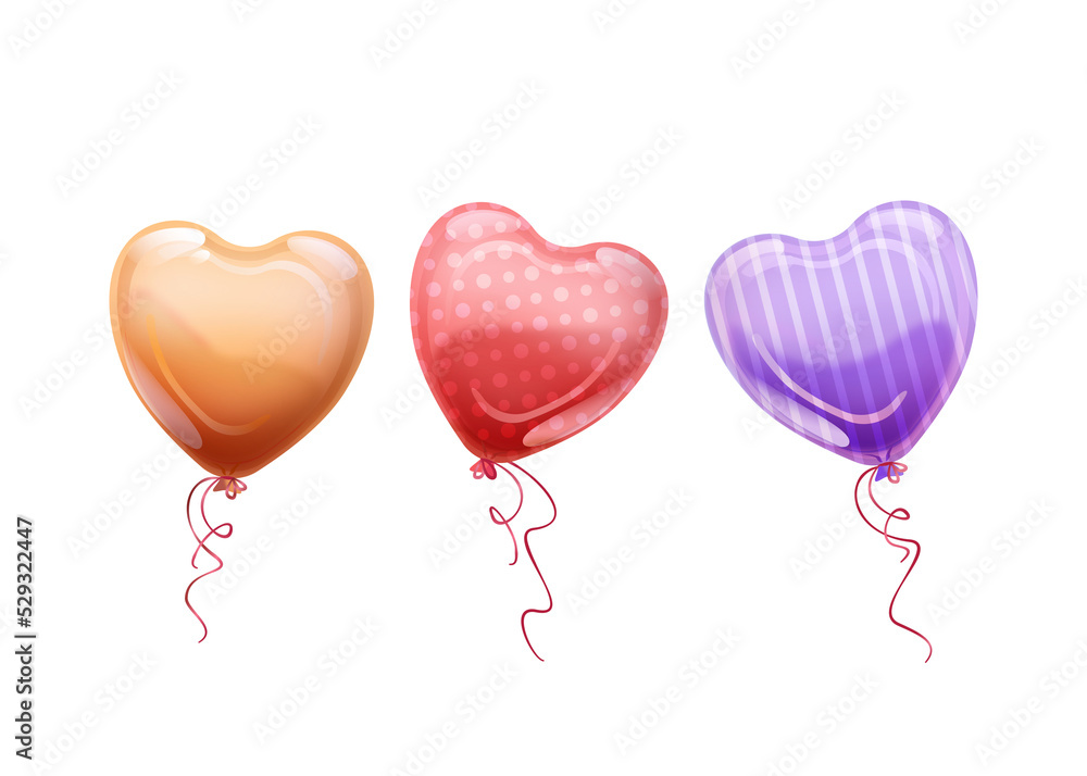 Imprezowe, walentynkowe lub ślubne kolorowe baloniki w kształcie serca. Ilustracja na banery, tapety, ulotki, vouchery upominkowe, kartki urodzinowe, z życzeniami, plakaty.	 - obrazy, fototapety, plakaty 