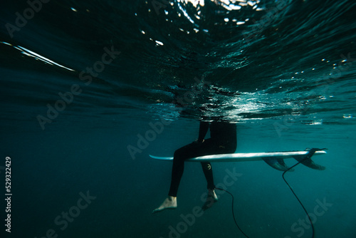 Underwater view of a surfer sitting on his board