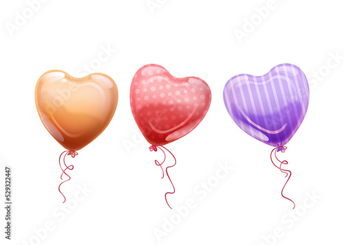 Imprezowe, walentynkowe lub ślubne kolorowe baloniki w kształcie serca. Ilustracja na banery, tapety, ulotki, vouchery upominkowe, kartki urodzinowe, z życzeniami, plakaty.	