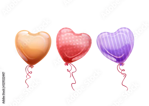 Fototapeta Imprezowe, walentynkowe lub ślubne kolorowe baloniki w kształcie serca. Ilustracja na banery, tapety, ulotki, vouchery upominkowe, kartki urodzinowe, z życzeniami, plakaty.	