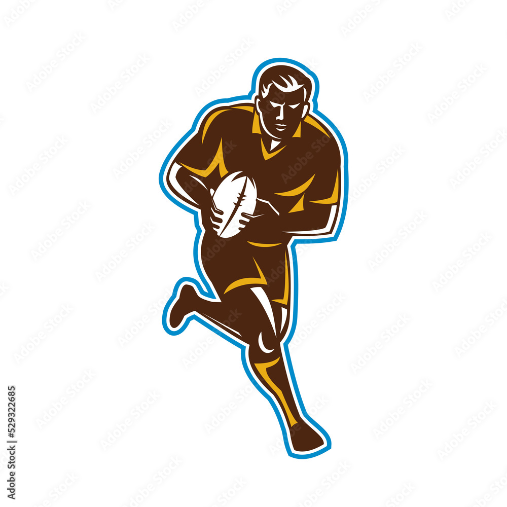 Illustration of a rugby player with ball running passing viewed from front set on isolated white background done in retro style.