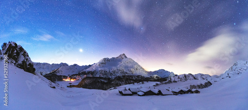 Panoramic of starry sky over Grevasalvas, Switzerland photo