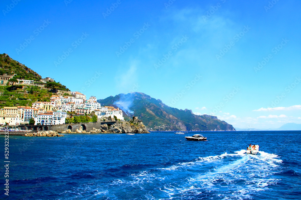Seaside view of Amalfi. The town of Amalfi was the capital of the maritime republic known as the Duchy of Amalfi, an important trading power in the Mediterranean