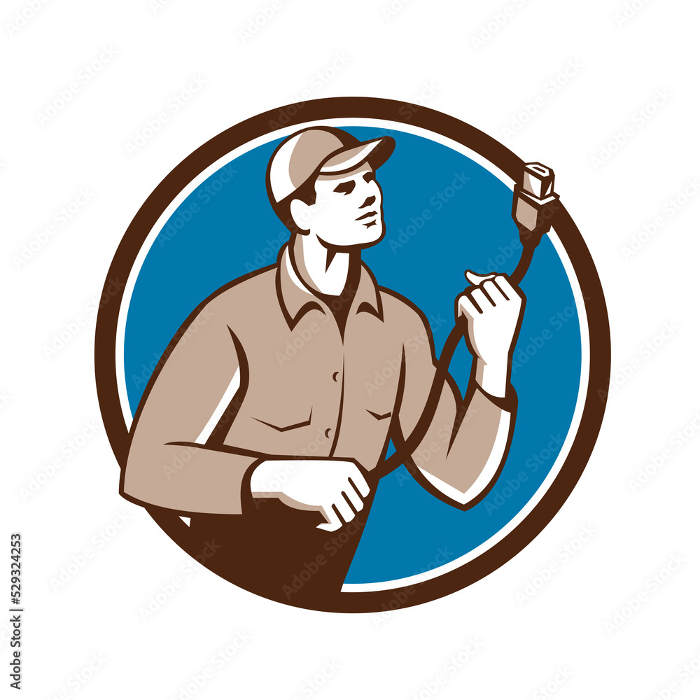 Worker Holding HDMI Plug Cord Circle Retro Worker Holding HDMI Plug Cord Circle Retro