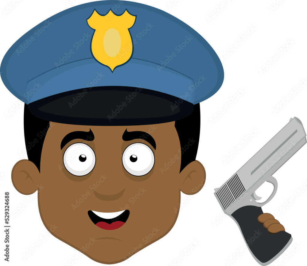 Vector emoticon illustration of the face of a cartoon policeman with a hat and a gun in his hand
