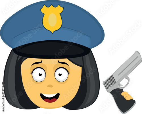 Vector emoji illustration of a cartoon yellow policewoman, with a happy expression, a cap and a gun in her hand