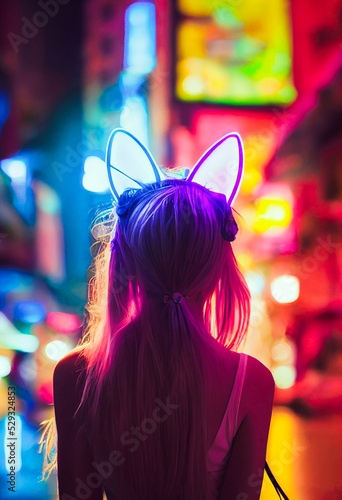 Backside potrait of a young and shiny woman with shining cat ears in neko gaming style in front of blurry city scape and neon colored walls