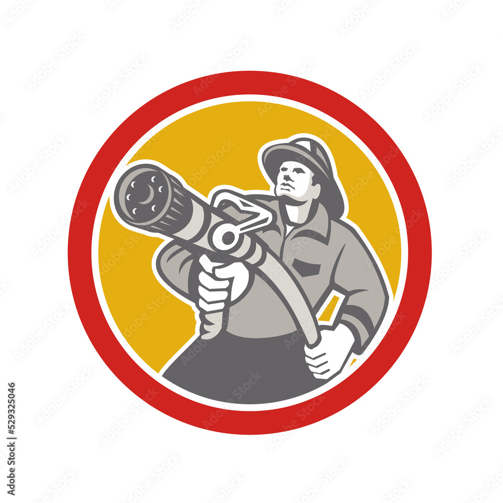 Fototapeta premium Fireman Firefighter Aiming Fire Hose Circle