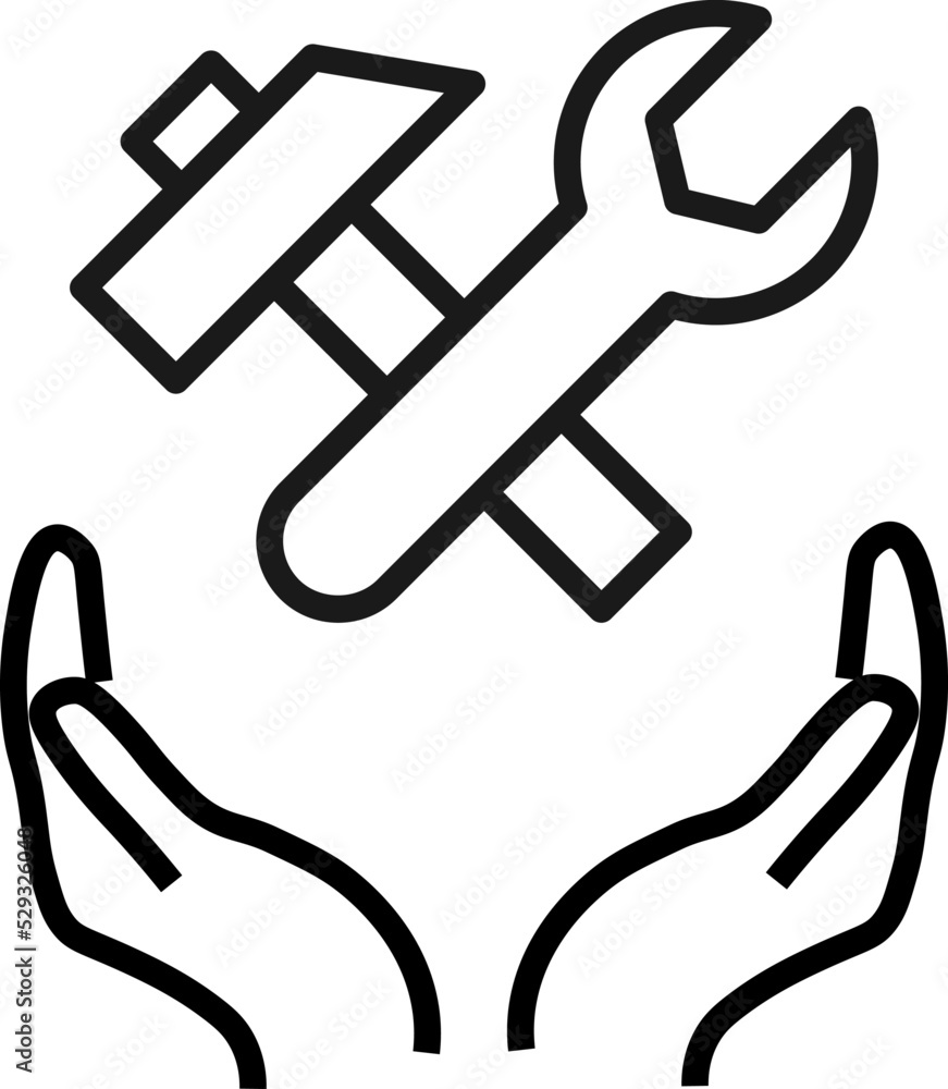 Support, present and charity concept. Modern vector sign drawn with black thin line. Editable stroke. Vector line icon of hammer and wrench over outstretched hands Support, present and charity concept. Modern vector sign drawn with black thin line. Editable stroke. Vector line icon of hammer and wrench over outstretched hands