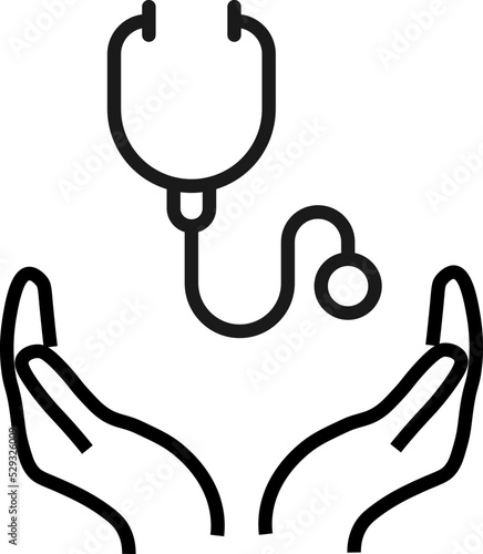 Support, present and charity concept. Modern vector sign drawn with black thin line. Editable stroke. Vector line icon of stethoscope over outstretched hands