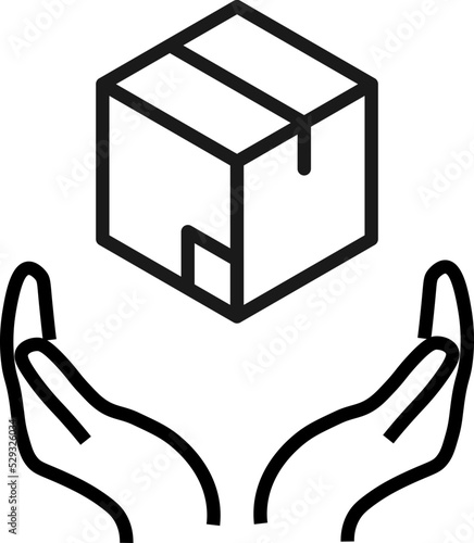 Support, present and charity concept. Modern vector sign drawn with black thin line. Editable stroke. Vector line icon of box over outstretched hands
