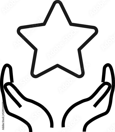 Support, present and charity concept. Modern vector sign drawn with black thin line. Editable stroke. Vector line icon of star over outstretched hands