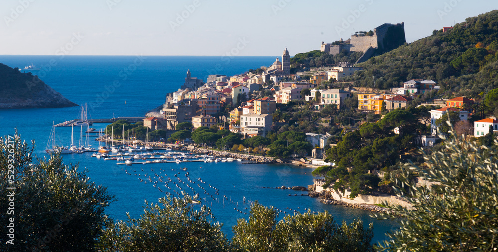 Panoramic view of colorful Portovenere with Doria Castle on Ligurian coast of Italy.