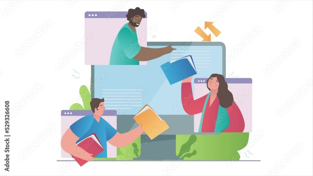 Online video conference concept. Moving office employees sit at desk and communicate with manager or boss online. Remote business meeting of partners or entrepreneurs. Flat graphic animated cartoon Online video conference concept. Moving office employees sit at desk and communicate with manager or boss online. Remote business meeting of partners or entrepreneurs. Flat graphic animated cartoon