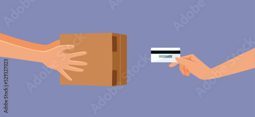 Person Paying Delivery Service with Credit Card Vector Concept Illustration. Recipient receiving online shopping order in a cardboard box 
