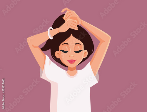 Smiling Woman Putting her Hair up in a Ponytail Hairstyle. Casual girl ties up her smooth healthy hair in a tail 

