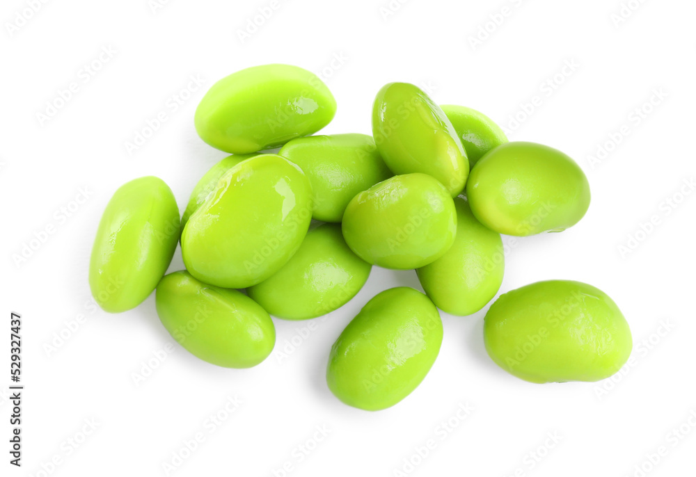 Fresh green edamame soybeans on white background, top view Fresh green edamame soybeans on white background, top view