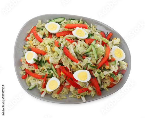 Plate of delicious salad with Chinese cabbage and quail eggs isolated on white, top view