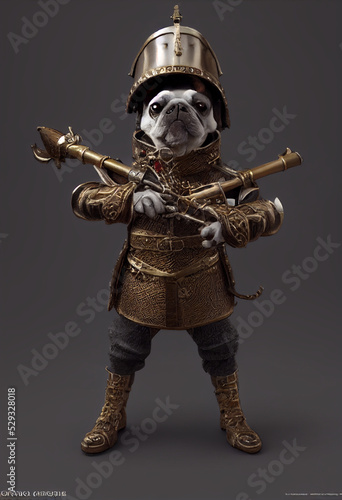 concepts of dogs with medieval armor and musical instruments as weapons