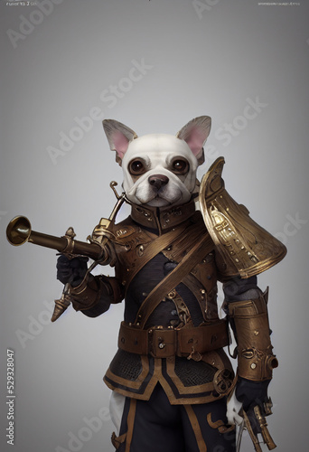 concepts of dogs with medieval armor and musical instruments as weapons