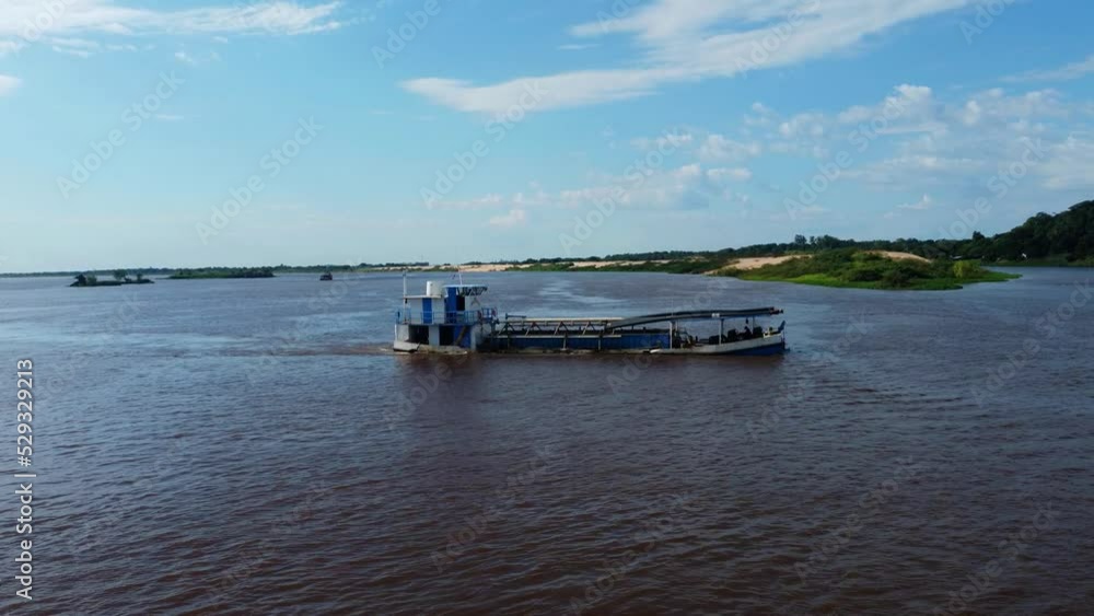 Aerial: Transportation sandboat on the Paraguay River. 4K Aerial: Transportation sandboat on the Paraguay River. 4K