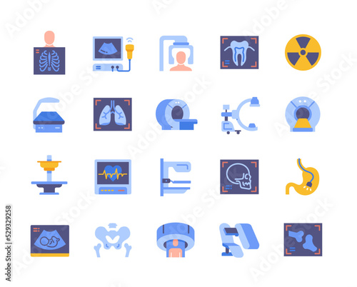 Medical equipment colorful icons set. Devices for tomography, mammography, X-ray and electrocardiography. Design elements for websites. Cartoon flat vector collection isolated on white background