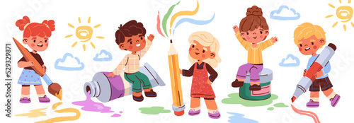 Children draw big art. Funny happy group of boys and girls with pencils, paints, brushes and felt tip pens draw creative picture. Entertainment for preschoolers. Cartoon flat vector illustration