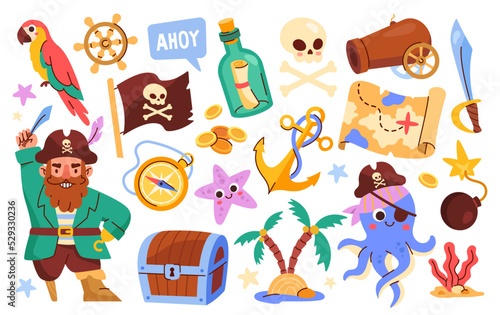 Kids pirates vector set. Parrot, pirate captain with wooden leg, treasure chest and flag with skull. Island adventure with map and octopus. Cartoon flat vector collection isolated on white background