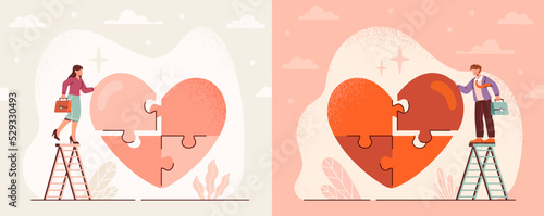 Work passion concept. Set of Entrepreneurs assembling heart shaped puzzle. Metaphor for motivation to achieve success and career growth. Love for work. Cartoon flat vector illustration collection