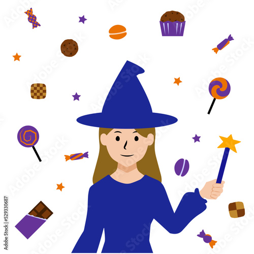 お菓子に囲まれた若い魔女の上半身のイラスト