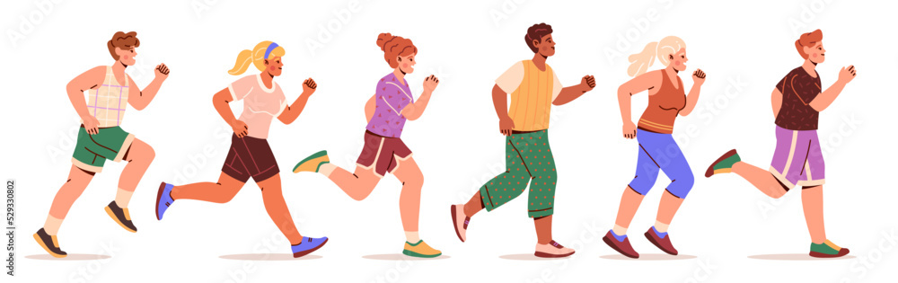 Marathon Race concept. Young men and women in sportswear run or do sports. Jogging in park. Active lifestyle or physical exercises. Cartoon flat vector illustration set isolated on white background Marathon Race concept. Young men and women in sportswear run or do sports. Jogging in park. Active lifestyle or physical exercises. Cartoon flat vector illustration set isolated on white background